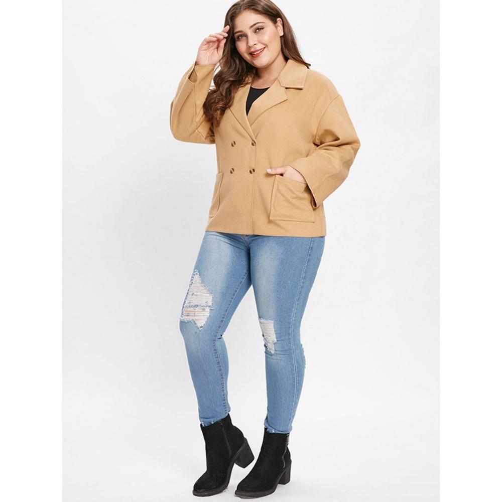 ⭐ Plus Size Tan Double Breasted Lapel Jacket ⭐ - Picture 3 of 8